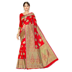 Generic Women's Banarasi Silk Designer Weaving Saree With Unstitched Blouse (Red, 5.50 Mtrs)