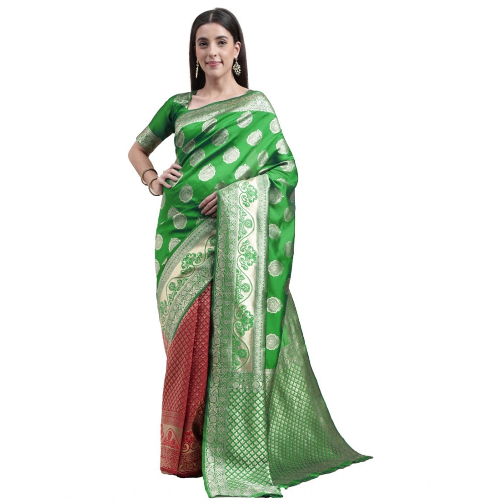 Generic Women's Kanjivaram Silk Designer Weaving Saree With Unstitched Blouse (Green &amp; Red, 5.50 Mtrs)