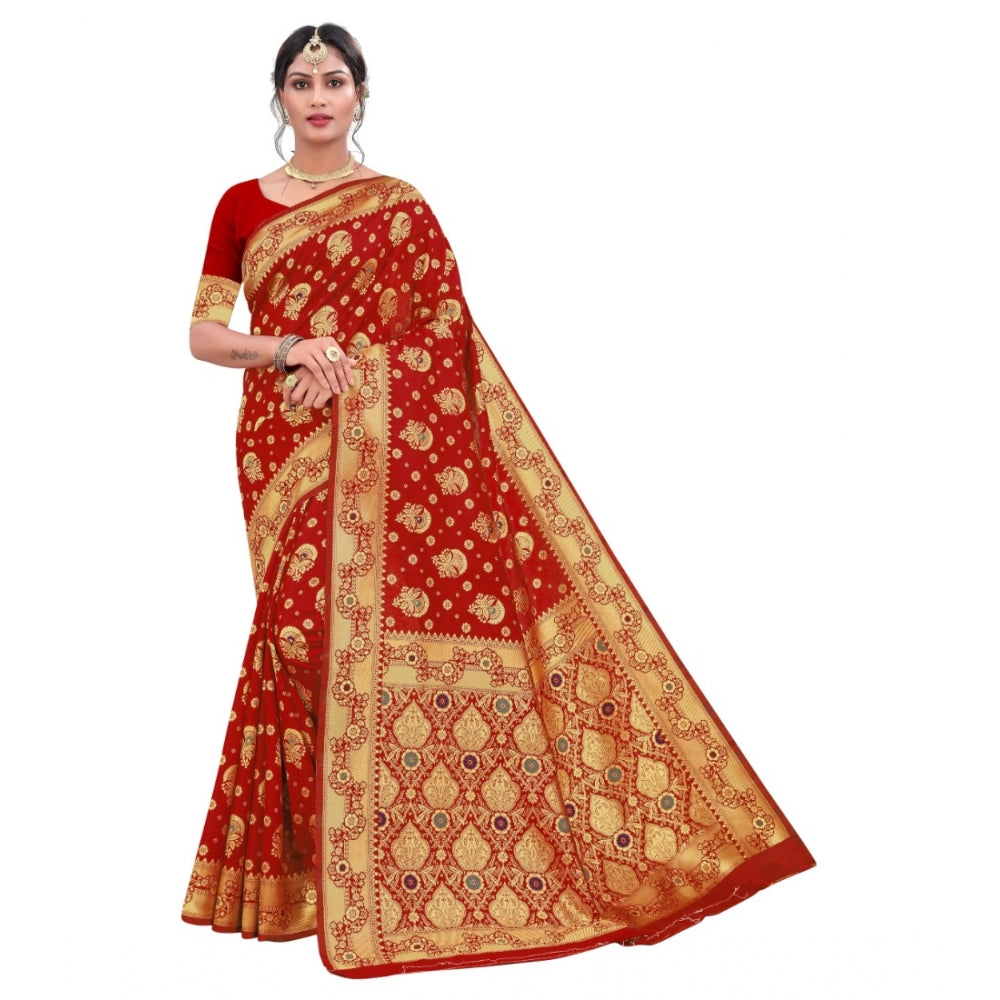 Generic Women's Banarasi Silk Designer Weaving Saree With Unstitched Blouse (Red, 5.50 Mtrs)