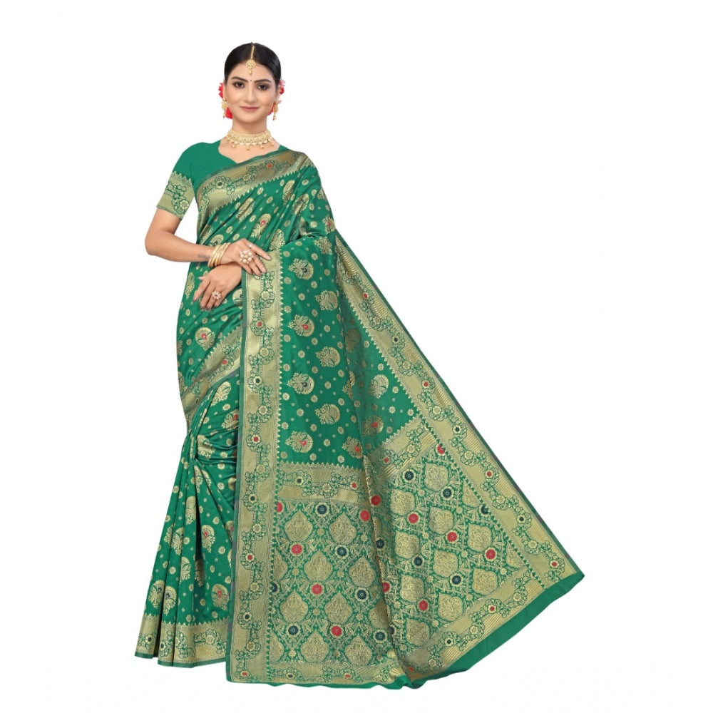 Generic Women's Banarasi Silk Designer Weaving Saree With Unstitched Blouse (Green, 5.50 Mtrs)