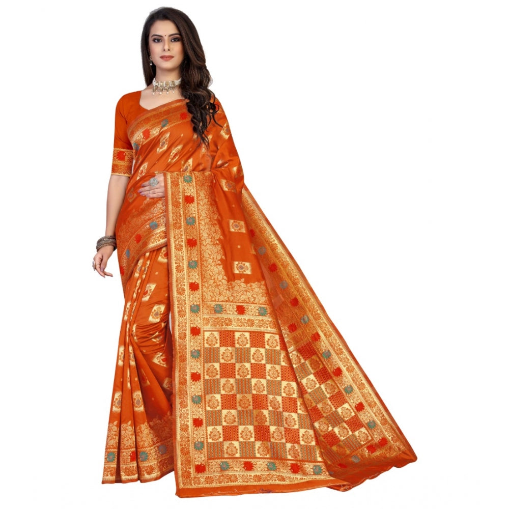 Generic Women's Banarasi Silk Designer Weaving Saree With Unstitched Blouse (Orange, 5.50 Mtrs)