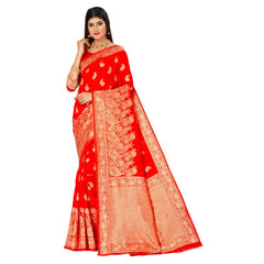 Generic Women's Banarasi Silk Designer Weaving Saree With Unstitched Blouse (Red, 5.50 Mtrs)