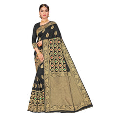 Generic Women's Banarasi Silk Designer Weaving Saree With Unstitched Blouse (Black, 5.50 Mtrs)