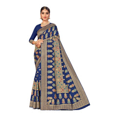 Generic Women's Banarasi Silk Designer Weaving Saree With Unstitched Blouse (Blue, 5.50 Mtrs)