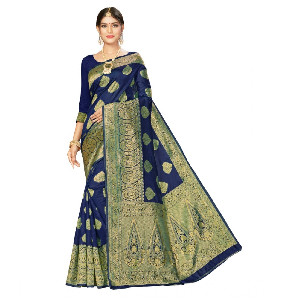 Generic Women's Banarasi Silk Designer Weaving Saree With Unstitched Blouse (Blue, 5.50 Mtrs)