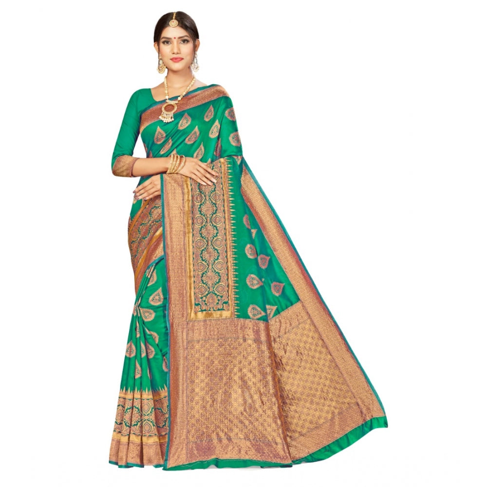 Generic Women's Banarasi Silk Designer Weaving Saree With Unstitched Blouse (Green, 5.50 Mtrs)