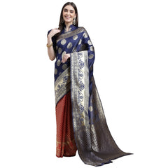 Generic Women's Kanjivaram Silk Designer Weaving Saree With Unstitched Blouse (Blue &amp; Red, 5.50 Mtrs)