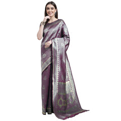 Generic Women's Banarasi Silk Designer Weaving Saree With Unstitched Blouse (Purple, 5.50 Mtrs)