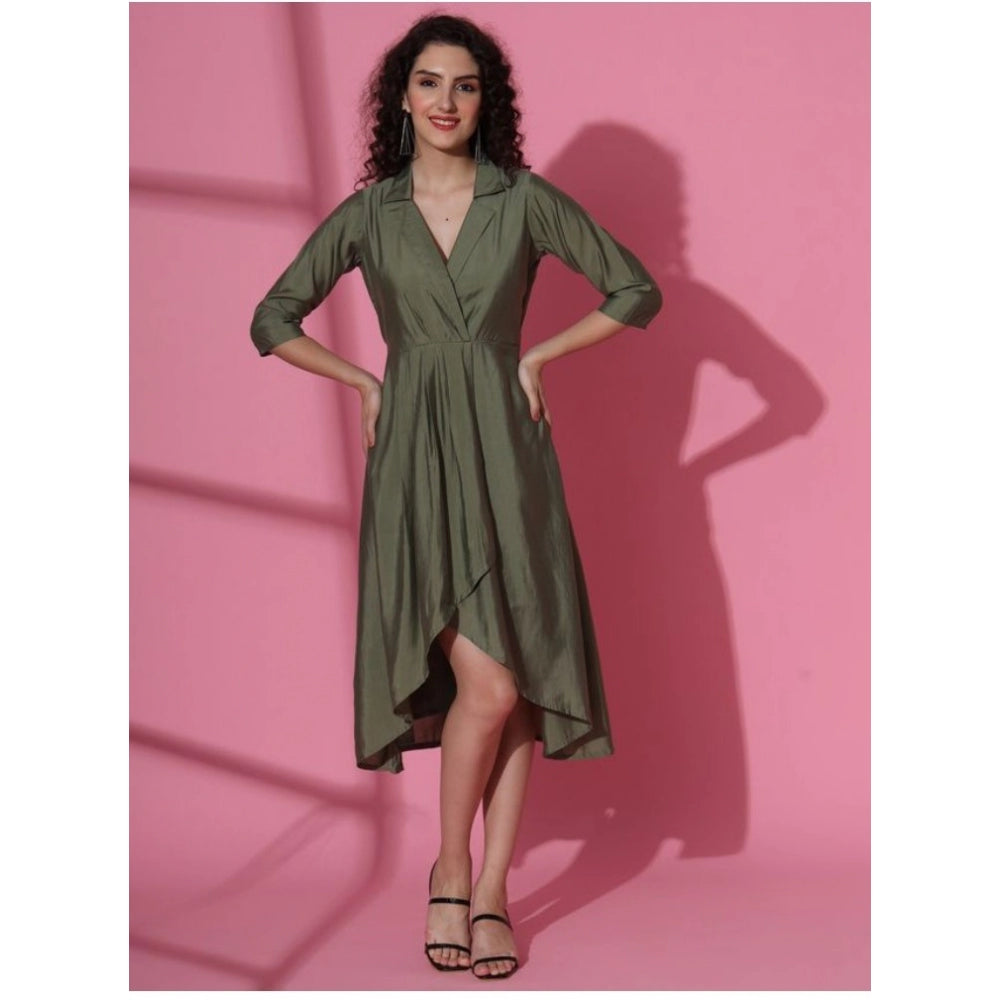 Generic Women's Casual 3-4th Sleeve Solid Chanderi silk Dress (Olive-Green)