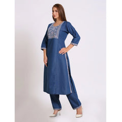 Generic Women's Casual Denim Embroidery 3-4th sleeve Kurti Set (Blue)