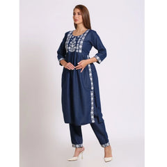 Generic Women's Casual Denim Embroidery 3-4th sleeve Kurti Set (Blue)