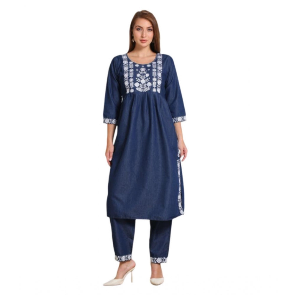 Generic Women's Casual Denim Embroidery 3-4th sleeve Kurti Set (Blue)