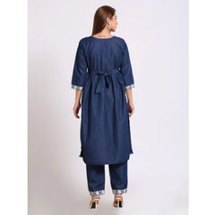 Generic Women's Casual Denim Embroidery 3-4th sleeve Kurti Set (Blue)