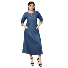 Generic Women's Casual Denim Embroidery 3-4th sleeve A-line Dress (Blue)