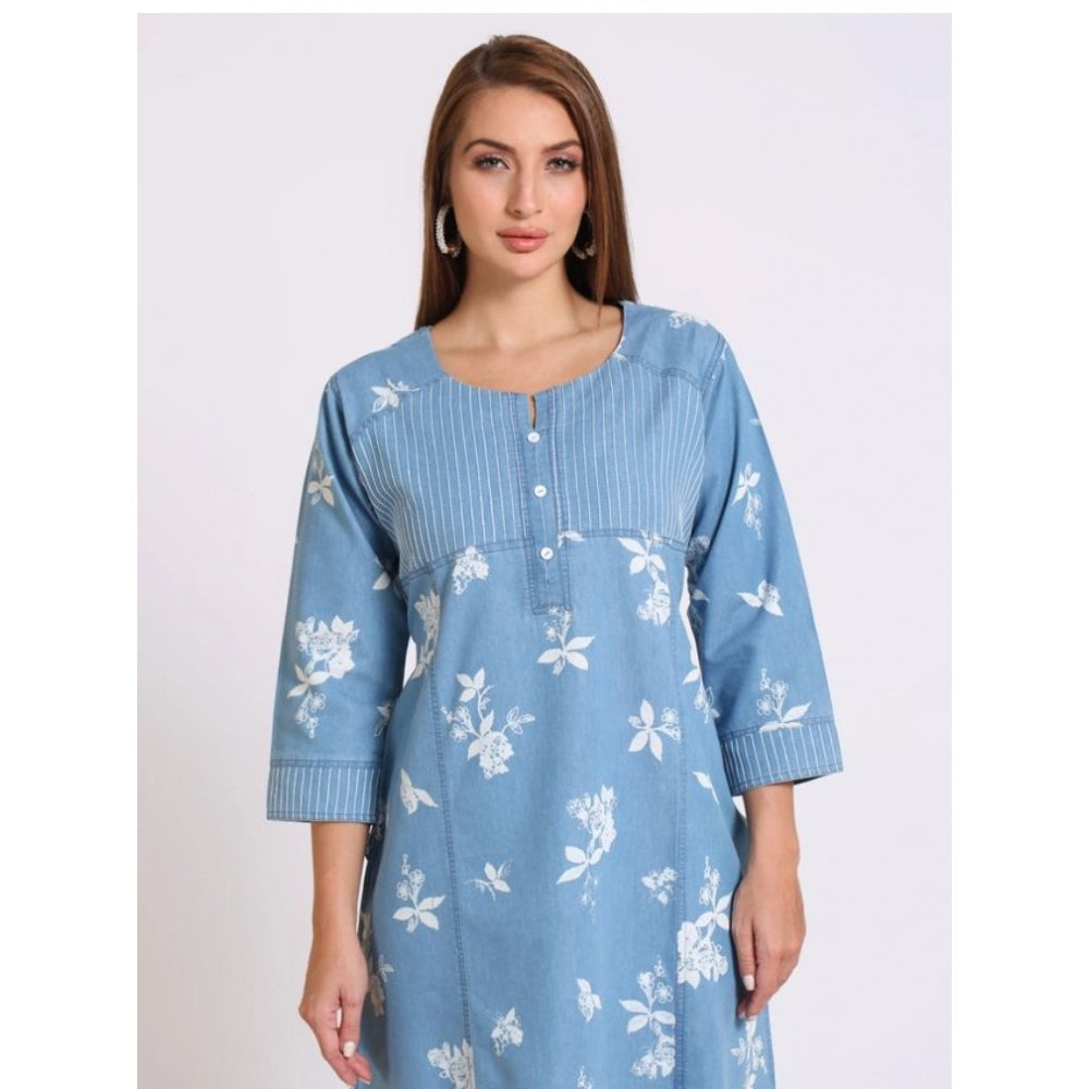 Generic Women's Casual Denim Printed 3-4th sleeve Straight Kurti (Light-Blue)