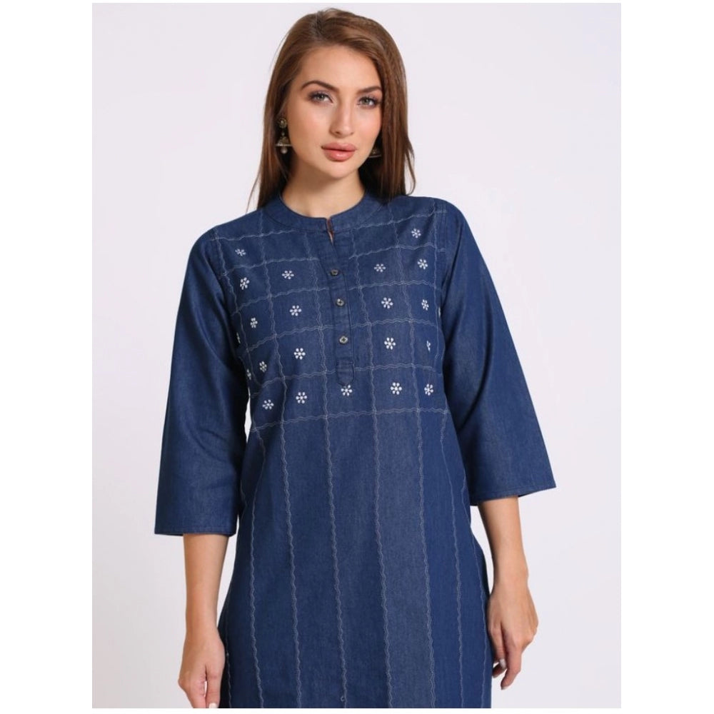 Generic Women's Casual Denim Embroidery 3-4th sleeve Straight Kurti (Blue)