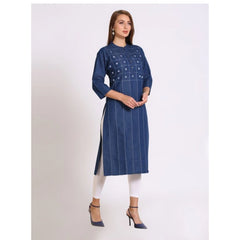 Generic Women's Casual Denim Embroidery 3-4th sleeve Straight Kurti (Blue)