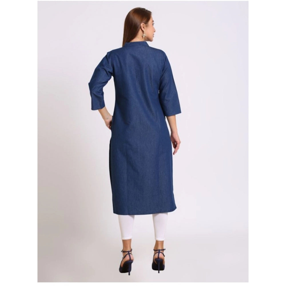 Generic Women's Casual Denim Embroidery 3-4th sleeve Straight Kurti (Blue)