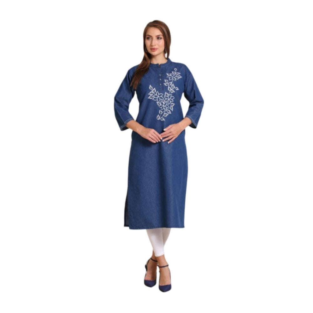 Generic Women's Casual Denim Embroidery 3-4th sleeve Straight Kurti (Blue)