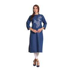 Generic Women's Casual Denim Embroidery 3-4th sleeve Straight Kurti (Blue)