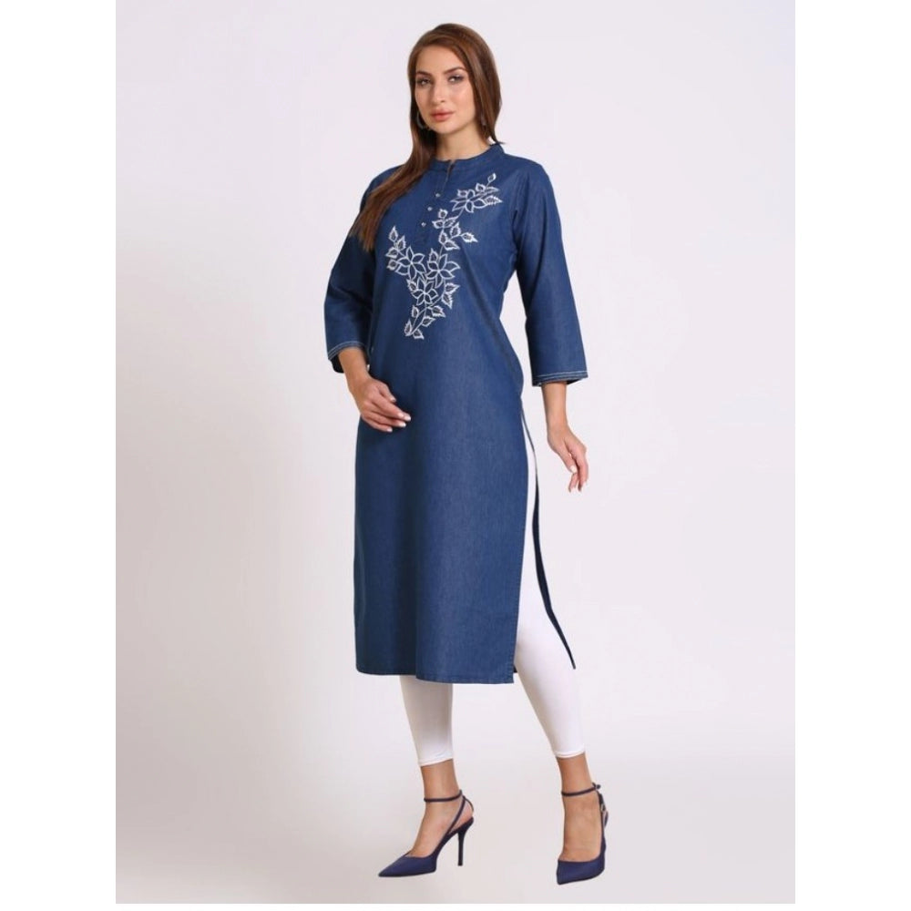 Generic Women's Casual Denim Embroidery 3-4th sleeve Straight Kurti (Blue)