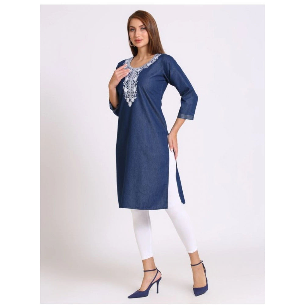 Generic Women's Casual Denim Embroidery 3-4th sleeve Straight Kurti (Blue)