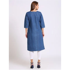 Generic Women's Casual Denim Embroidery 3-4th sleeve Straight Kurti (Blue)