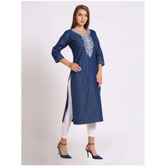 Generic Women's Casual Denim Embroidery 3-4th sleeve Straight Kurti (Blue)