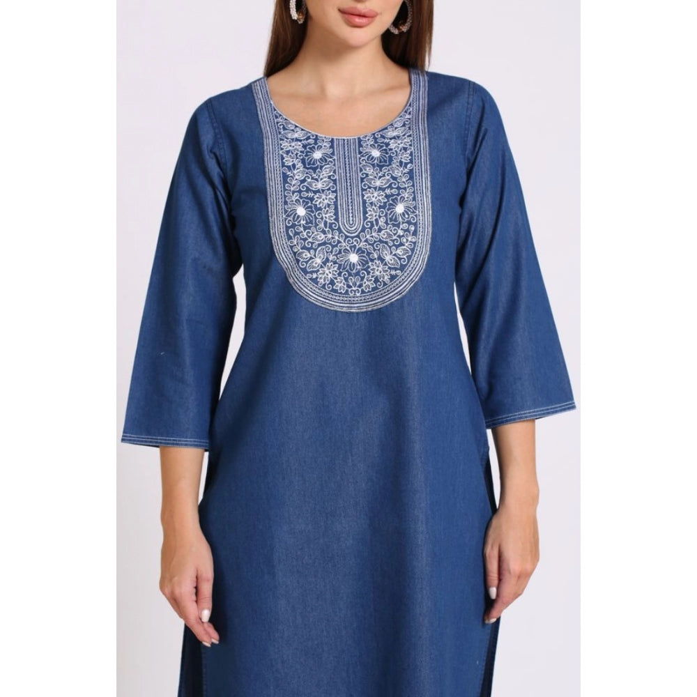 Generic Women's Casual Denim Embroidery 3-4th sleeve Straight Kurti (Blue)