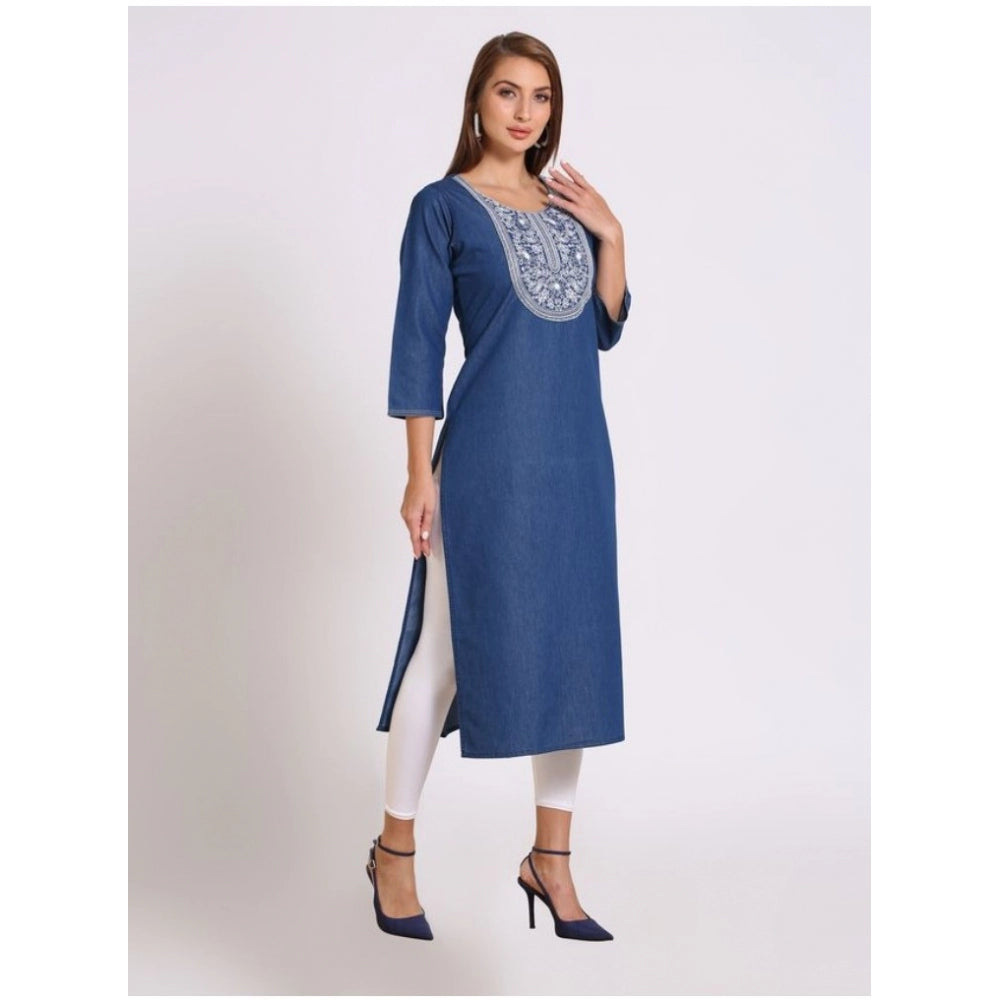 Generic Women's Casual Denim Embroidery 3-4th sleeve Straight Kurti (Blue)