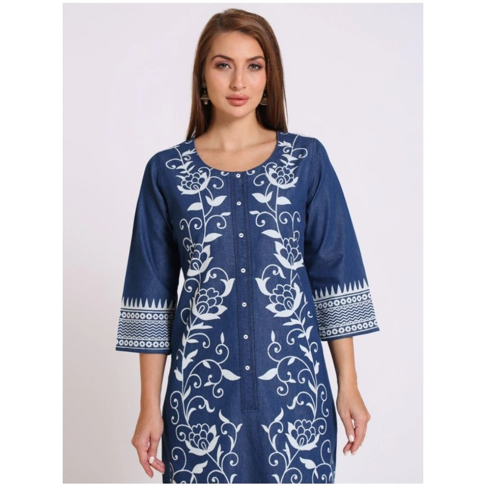 Generic Women's Casual Denim Printed 3-4th sleeve Straight Kurti (Blue)