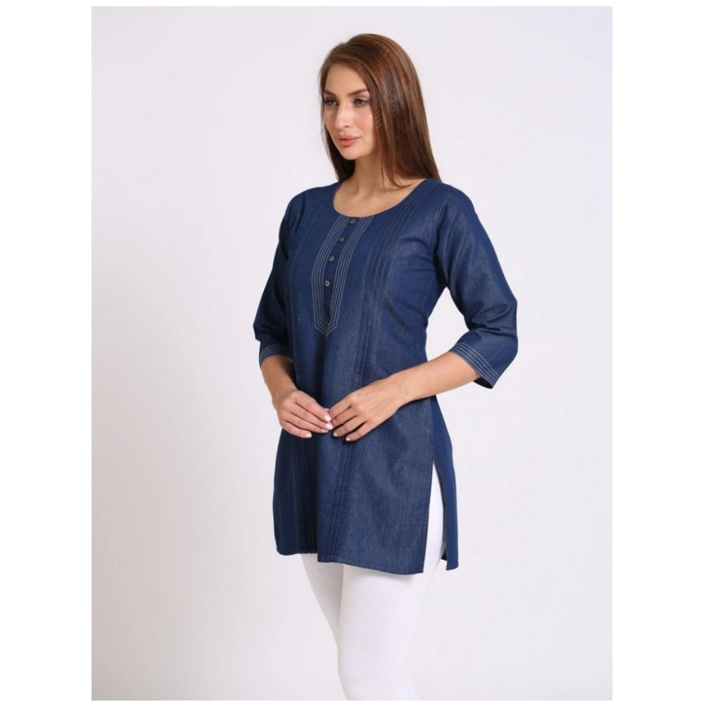 Generic Women's Casual Denim Solid 3-4th sleeve Kurti (Blue)