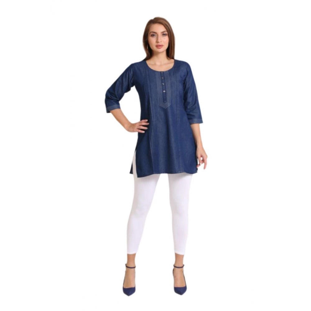 Generic Women's Casual Denim Solid 3-4th sleeve Kurti (Blue)