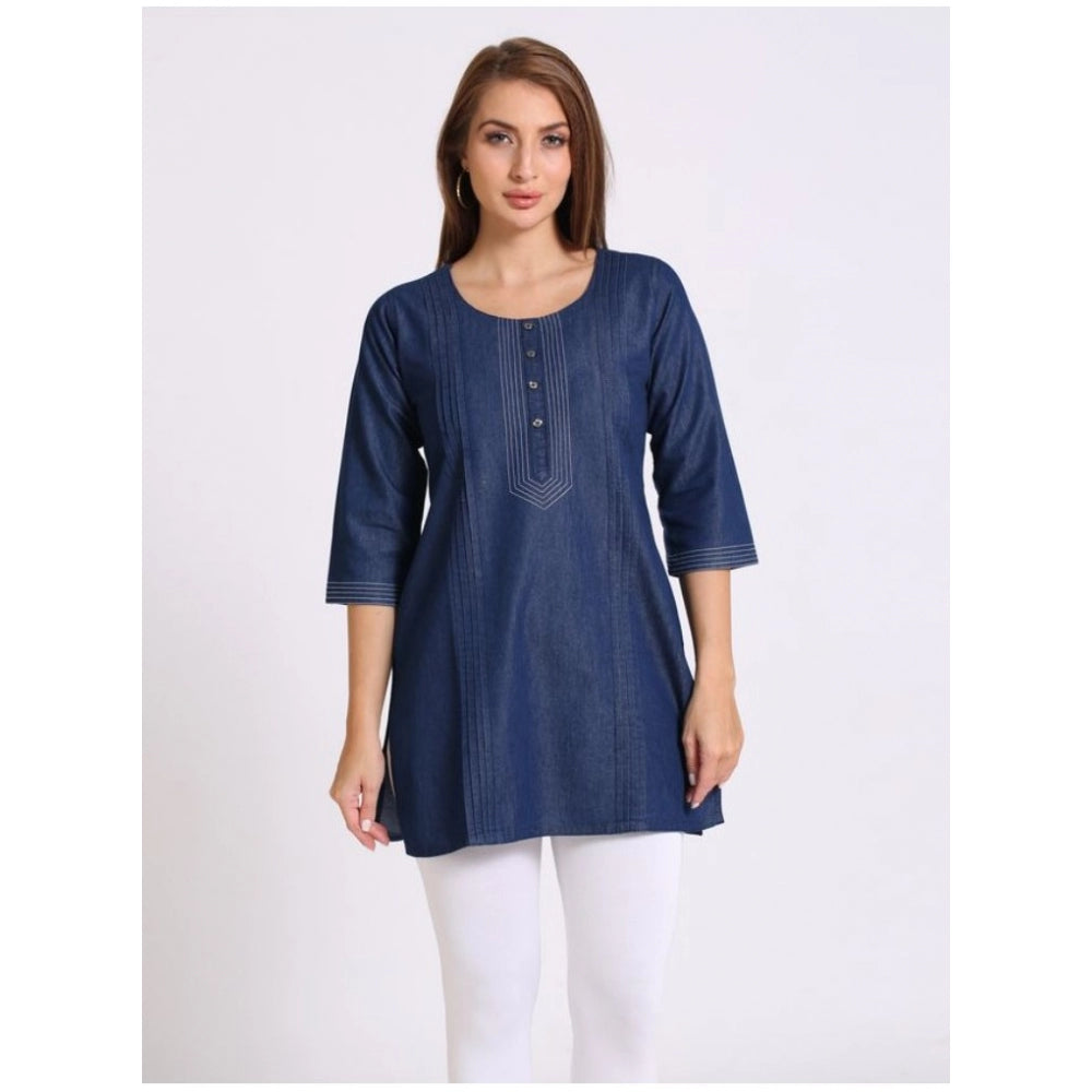 Generic Women's Casual Denim Solid 3-4th sleeve Kurti (Blue)