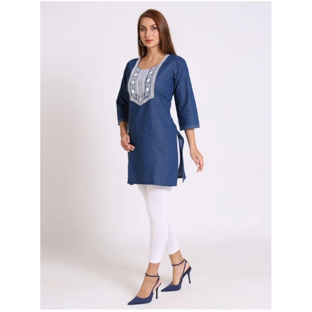 Generic Women's Casual Denim Embroidery 3-4th sleeve Kurti (Blue)