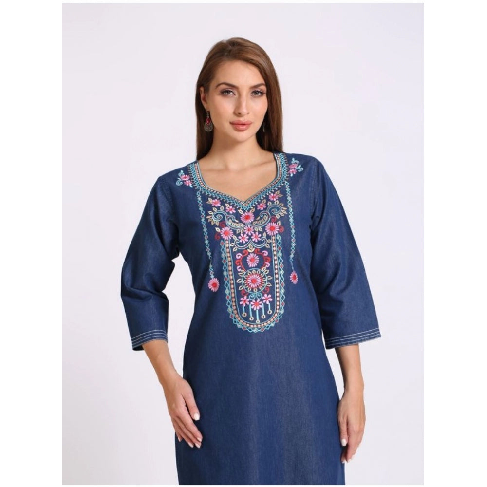 Generic Women's Casual Denim Embroidery 3-4th sleeve Straight Kurti (Blue)