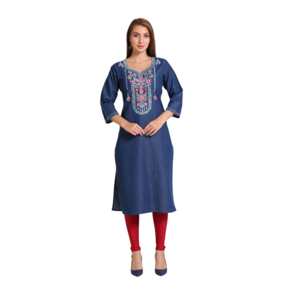 Generic Women's Casual Denim Embroidery 3-4th sleeve Straight Kurti (Blue)