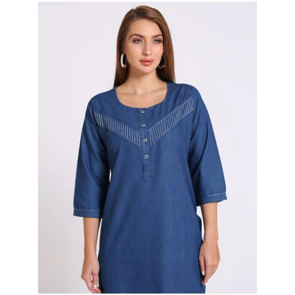 Generic Women's Casual Denim Solid 3-4th sleeve Straight Kurti (Blue)