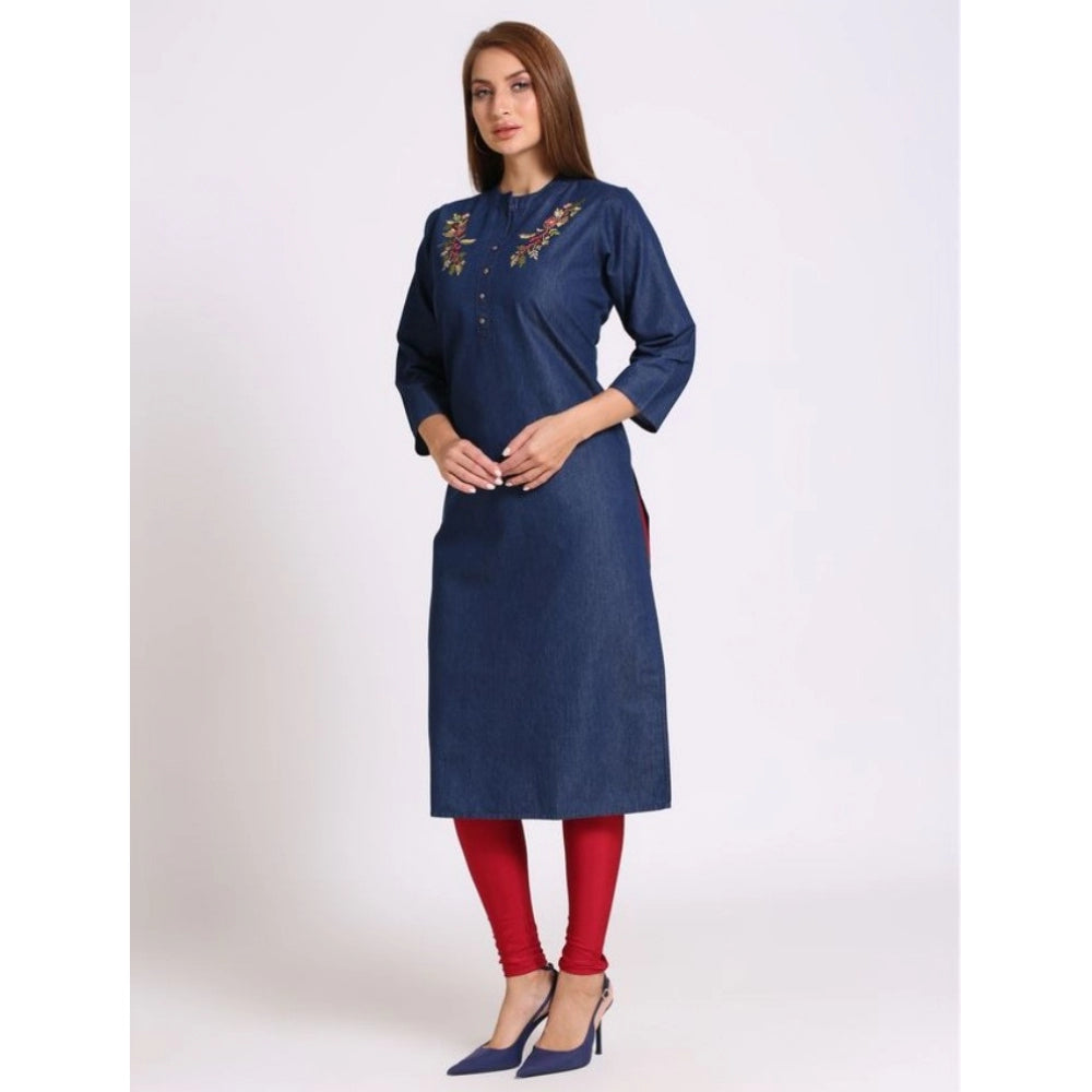 Generic Women's Casual Denim Embroidery 3-4th sleeve Straight Kurti (Blue)