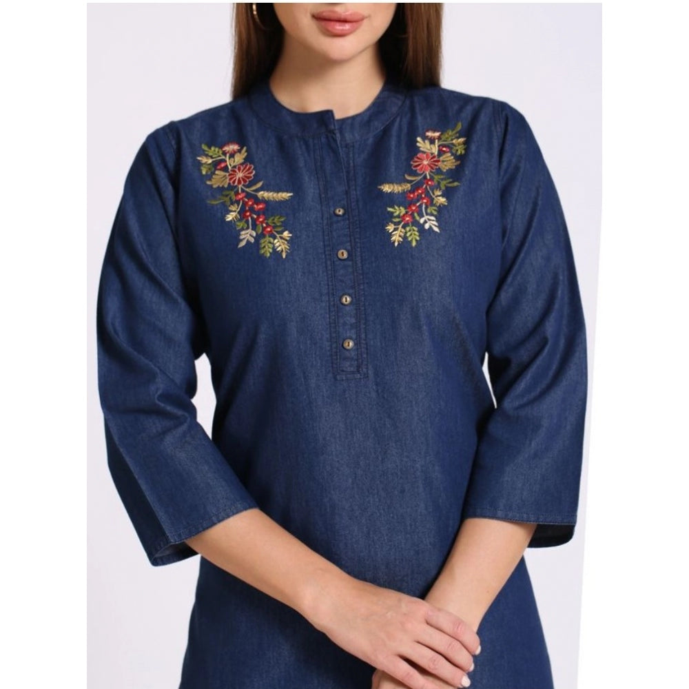 Generic Women's Casual Denim Embroidery 3-4th sleeve Straight Kurti (Blue)