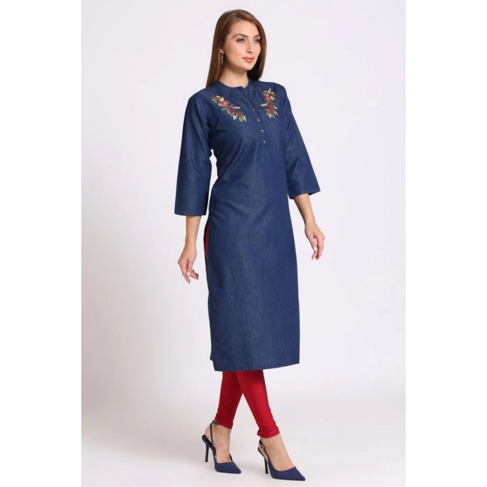 Generic Women's Casual Denim Embroidery 3-4th sleeve Straight Kurti (Blue)