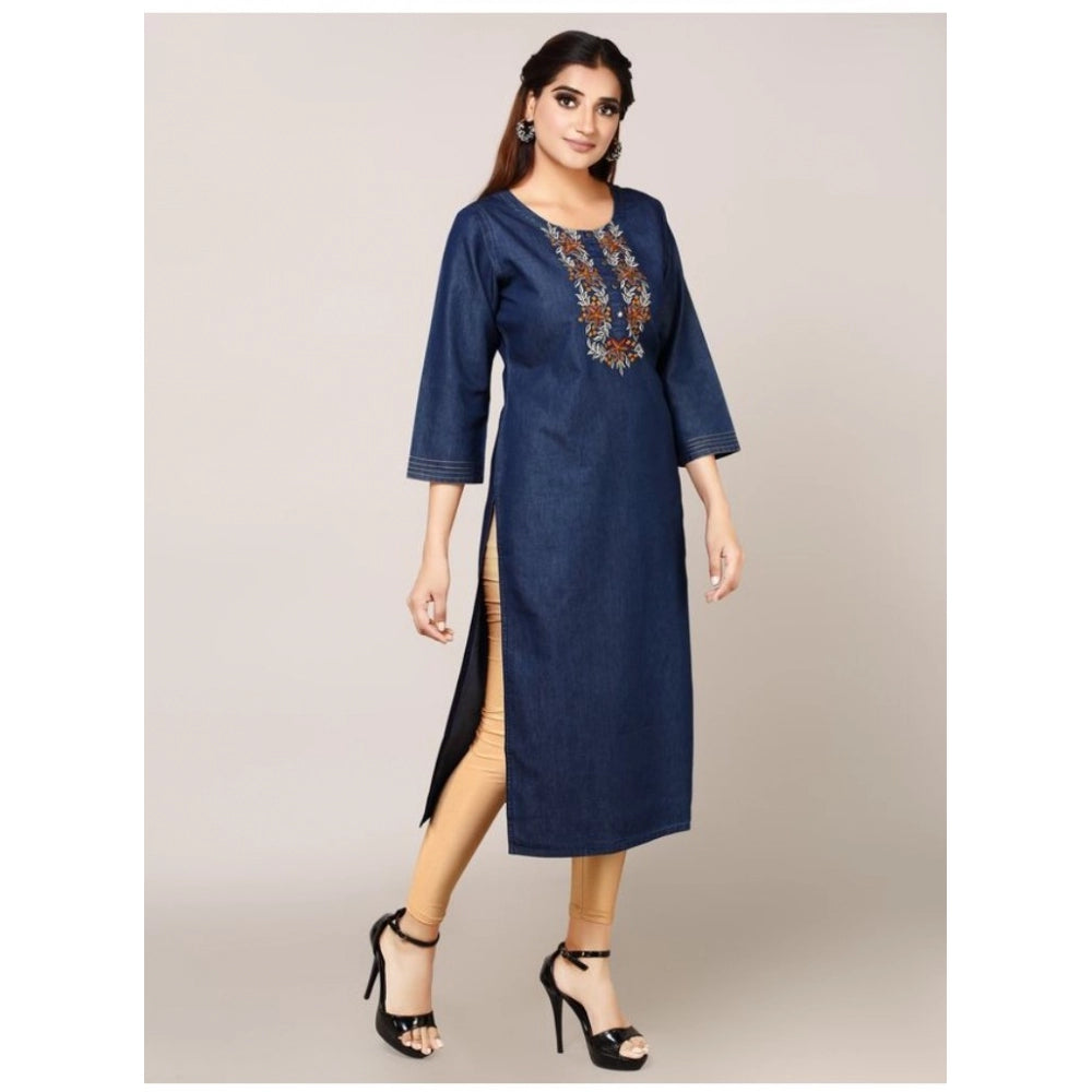 Generic Women's Casual Denim Embroidery 3-4th sleeve Straight Kurti (Blue)