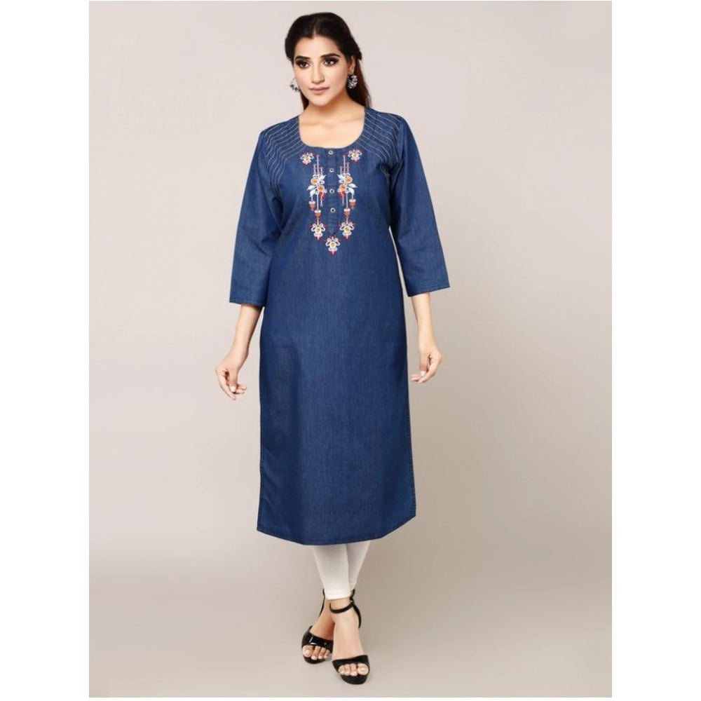 Generic Women's Casual Denim Embroidery 3-4th sleeve Straight Kurti (Blue)