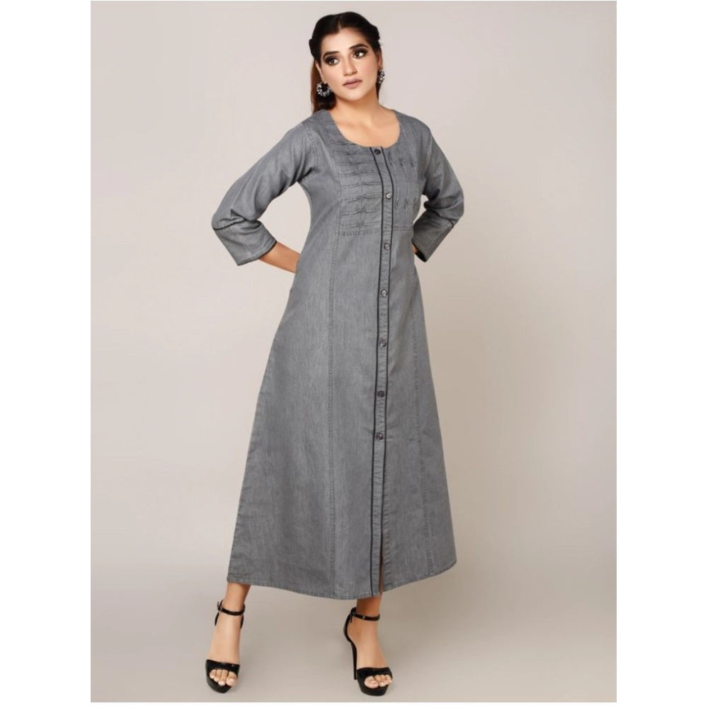 Generic Women's Casual Denim Solid 3-4th sleeve Straight Kurti (Grey)