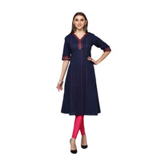 Generic Women's Casual Cotton Stripes 3-4th sleeve Straight Kurti (Navy Blue)