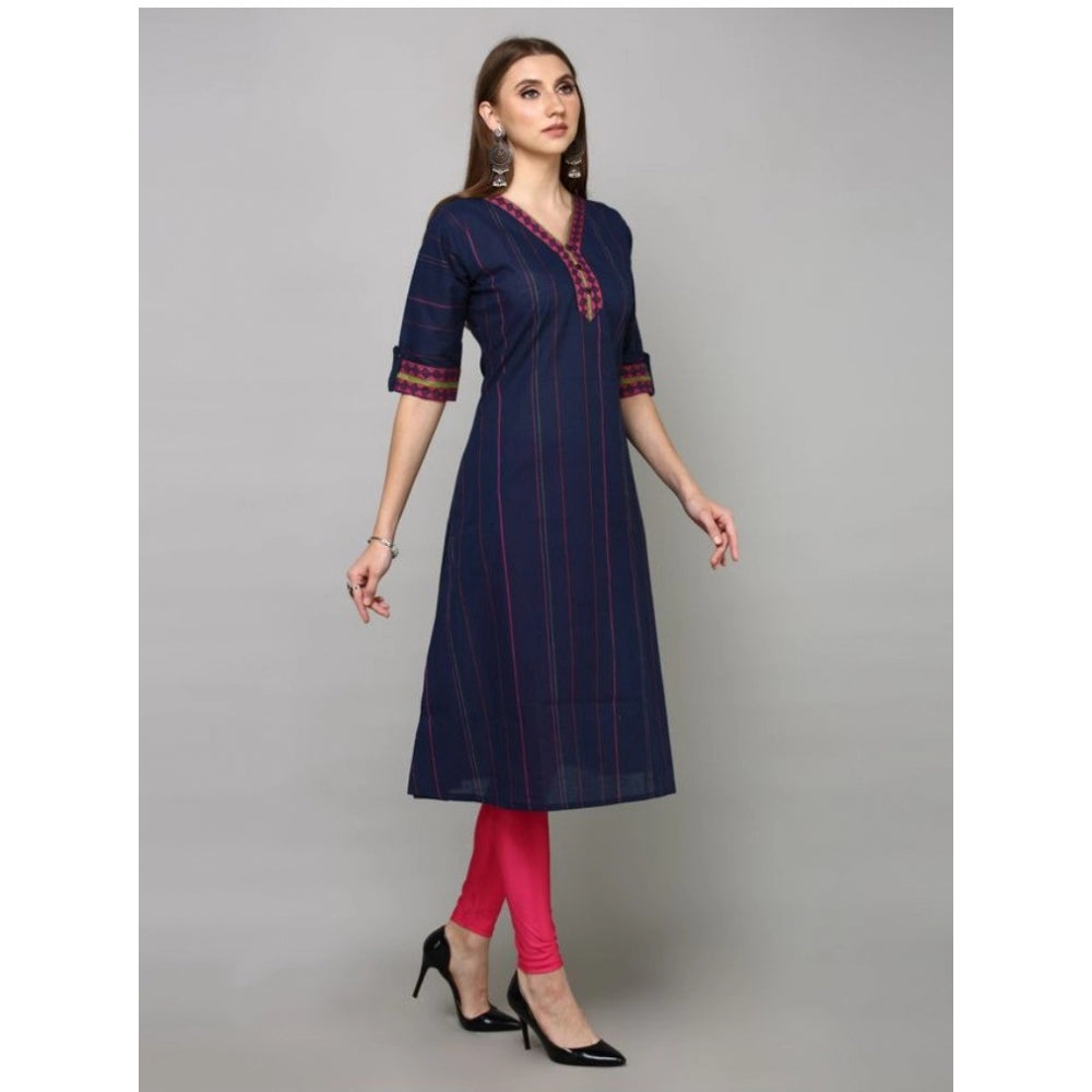 Generic Women's Casual Cotton Stripes 3-4th sleeve Straight Kurti (Navy Blue)