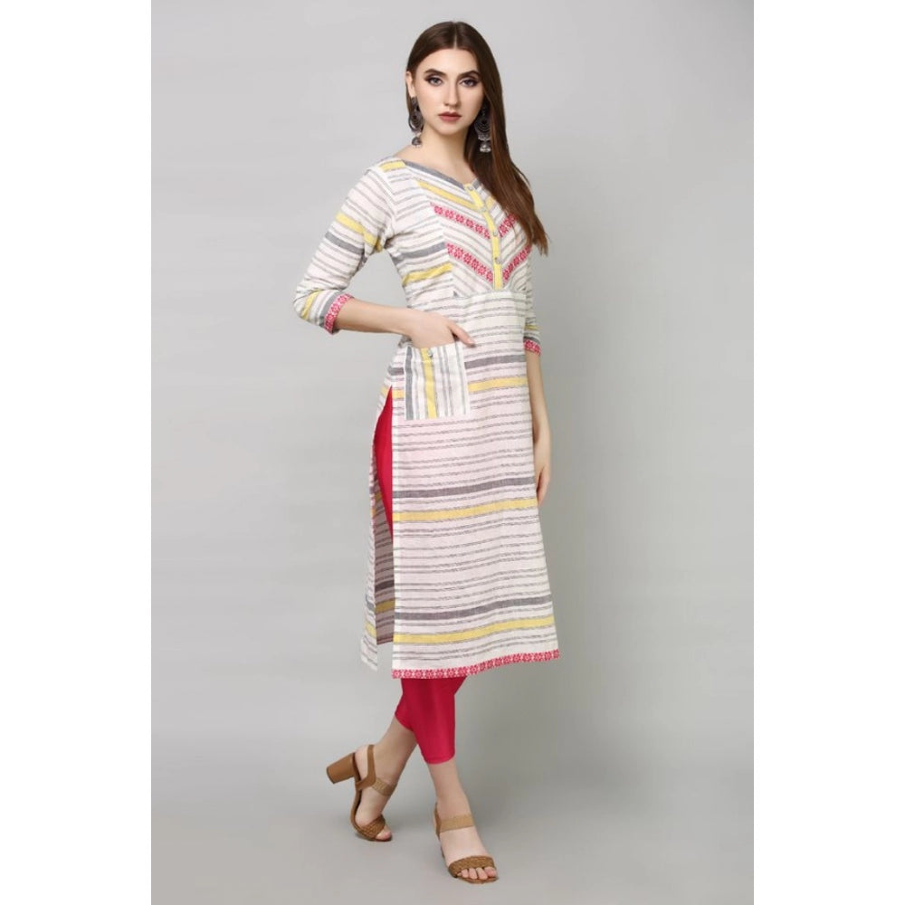 Generic Women's Casual Cotton Striped 3-4th sleeve Straight Kurti (White_MultiColor)