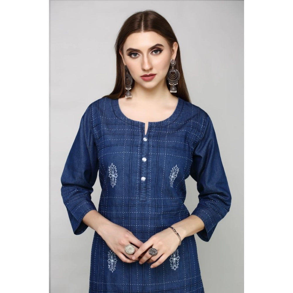 Generic Women's Casual Denim Embroidery 3-4th sleeve Straight Kurti (Blue)