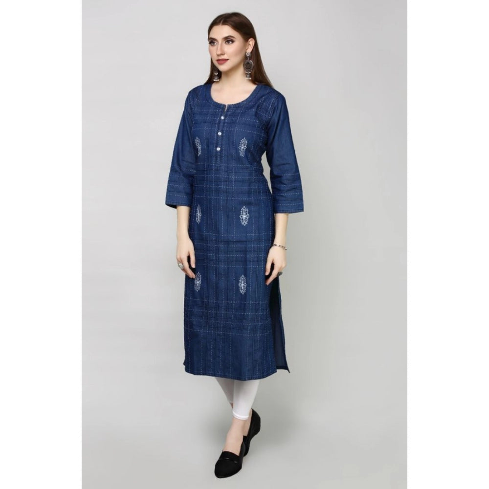 Generic Women's Casual Denim Embroidery 3-4th sleeve Straight Kurti (Blue)