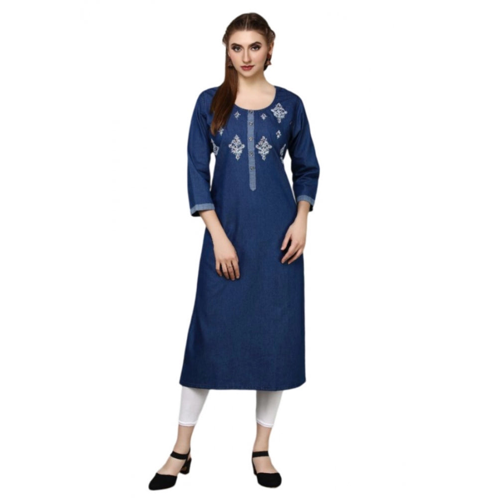 Generic Women's Casual Denim Embroidery 3-4th sleeve Straight Kurti (Blue)